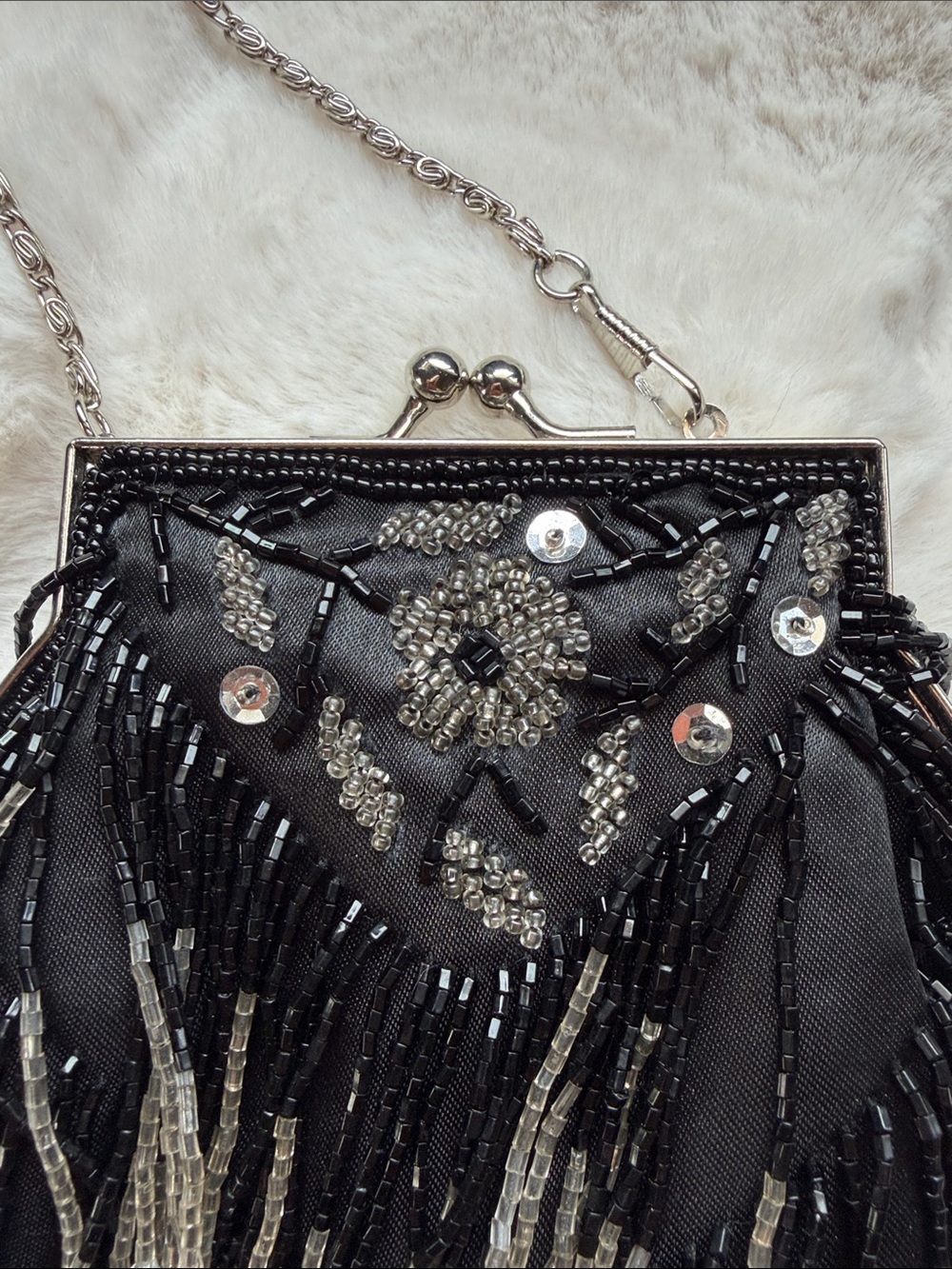 Vintage Beaded Fringe Evening Bag - Black/Silver - Picture 5 of 9